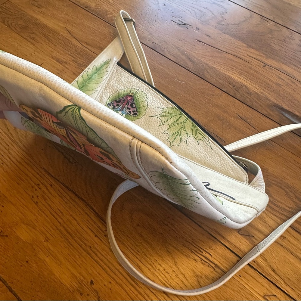 ANUSCHKA Leather Hand Painted Asymmetric Slim Crossbody Bag Butterfly Moth Print - Picture 11 of 12